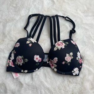 PINK Victoria's Secret Black and Pink Floral Strappy Bra